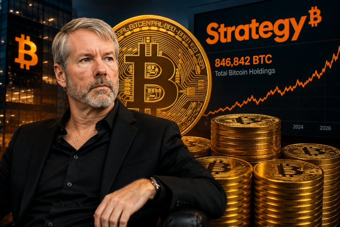 A man in a black suit beside a graphic of gold Bitcoin coins and a chart labeled 'Strategy' showing '846,842 BTC Total Bitcoin Holdings'