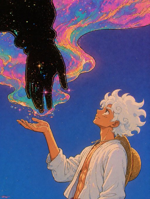 An anime-style illustration of a white-haired character in a flowing shirt holding out their hand toward a cosmic, star-filled hand emerging from a colorful nebula.