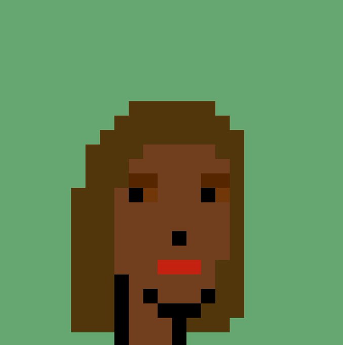 A pixel art portrait of a person with dark brown hair, red lips, and dark eyes on a solid green background.