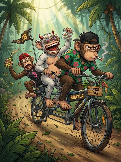 A cartoon illustration features three monkeys riding a bicycle through a jungle, with flags reading "JB" and "$BAYLA", a sign saying "JUNGLE BAY", and the monkey holding a "JUNGLE JUICE" bottle.
