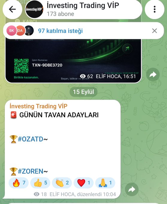 A Telegram channel screenshot from "Investing Trading ViP" (173 members) showing daily stock picks for "GÜNÜN TAVAN ADAYLARI" featuring tickers #OZATD~ and #ZOREN~, posted by ELIF HOCA.