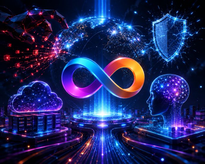 A vibrant digital illustration showcases an infinity symbol at the center, illuminated by a beam of light, surrounded by a glowing globe, a protective shield, a stylized human head made of neural networks, and a cloud of data—symbolizing infinite, secure, and intelligent technology. This visual aligns with the post's highlights of $ICP's resilience and innovation, representing its 300 billion+ transactions, defense against AI-enabled attacks, and forward movement into Open SaaS and ICP Cloud Engines.