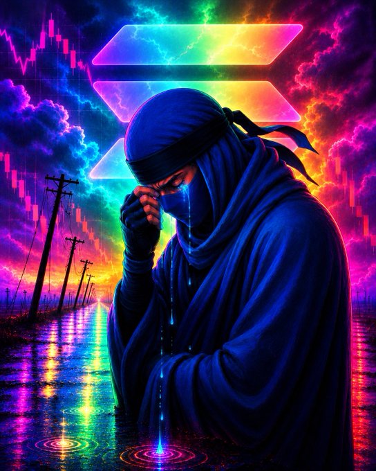 A vibrant digital artwork of a hooded figure in blue crying glowing rainbow tears, with a Solana logo in the background and power lines stretching into the distance.