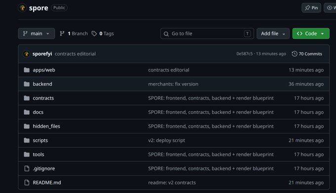 A GitHub repository page for 'spore' showing file directories including apps/web, backend, contracts, docs, and scripts.