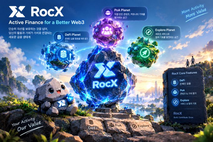 A RocX Web3 promotional poster reads “RocX Active Finance for a Better Web3” and presents three floating feature planets labeled “DeFi Planet,” “PoA Planet,” and “Explore Planet,” with a right panel titled “RocX Core Features.”