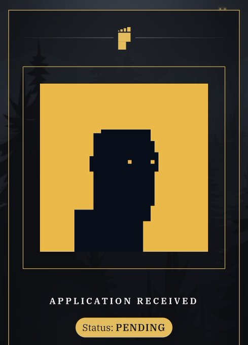 A digital interface showing an 'APPLICATION RECEIVED' message with 'Status: PENDING' below a pixelated silhouette avatar.