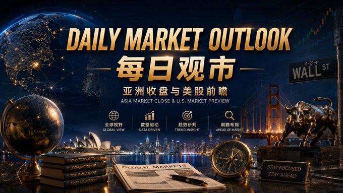 A promotional banner for "Daily Market Outlook / 每日观市 — Asia Market Close & U.S. Market Preview," featuring global financial imagery (globe, Golden Gate Bridge, Wall Street sign, bull statue, compass, and newspaper) with four feature icons highlighting Global View, Data Driven, Trend Insight, and Ahead of Market—visually setting the stage for the post's recap of cooling U.S. CPI/PPI data, BTC's frustrating spike-and-drop during Asia trade, and the contrasting buzz in U.S. stocks ahead of the open.