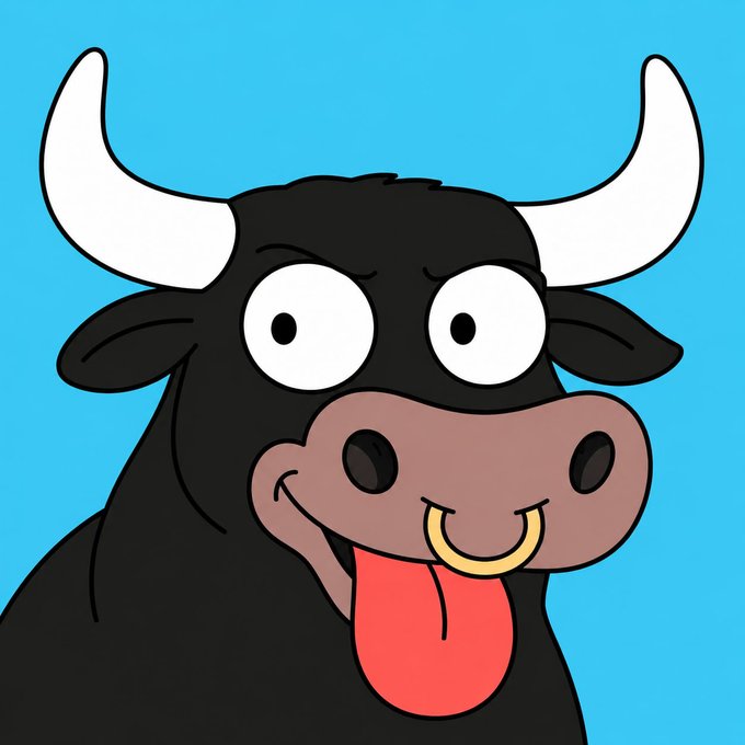 A cartoon illustration of a black bull with white horns, a nose ring, and a tongue sticking out against a bright blue background.