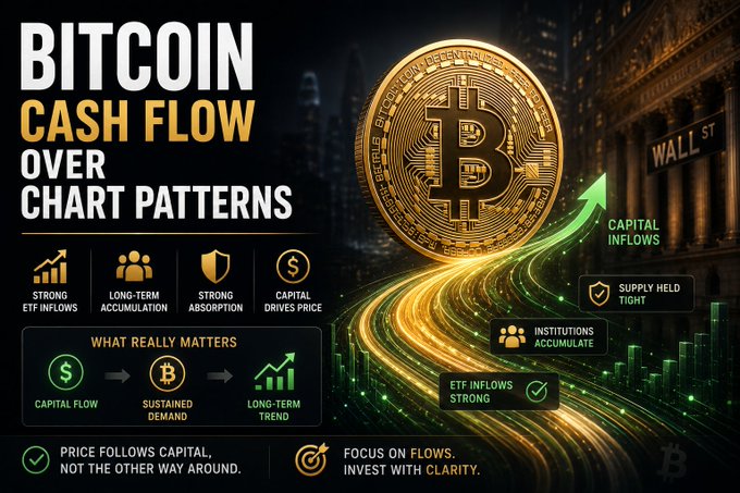 A bold Bitcoin infographic titled 'BITCOIN CASH FLOW OVER CHART PATTERNS' highlighting strong ETF inflows, long-term accumulation, supply absorption, and capital inflows with the message 'Price follows capital, not the other way around.'