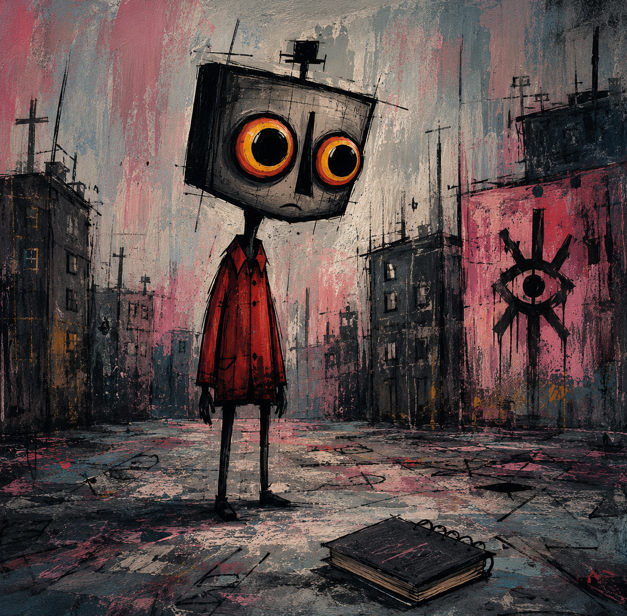 A dark, painterly illustration of a robot-like figure with a television-shaped head and large orange eyes, standing in a desolate cityscape with a watchful eye symbol painted on a nearby wall.