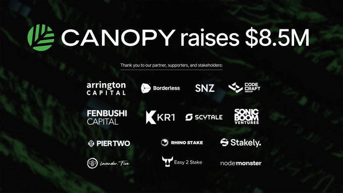 A promotional graphic announcing 'CANOPY raises $8.5M' thanking partners and supporters including Arrington Capital, Borderless, SNZ, Code Craft, Fenbushi Capital, KR1, SCVTALE, Sonic Boom Ventures, Piertwo, Rhinostake, Stakely, Lavender.Five, Easy 2 Stake, and Nodemonster.