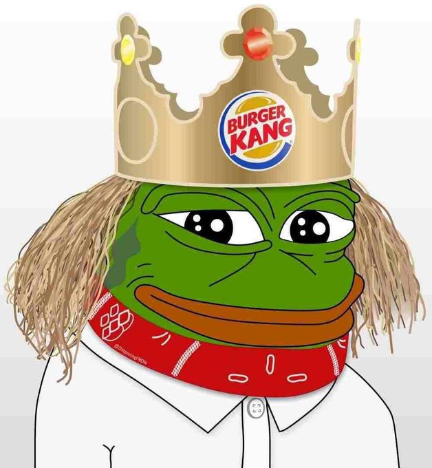 The Pepe the Frog meme edited with dreadlocks and a Burger King paper crown, wearing a red bandana around its neck, serving as the mascot image.