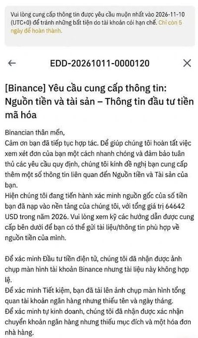 A screenshot of a Binance notification (EDD-20261011-0000120) requesting information about 'Source of Funds and Assets – Cryptocurrency Investment Information' totaling 64642 USD.