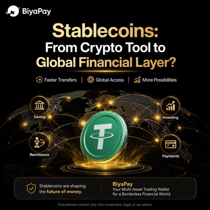 A BiyaPay promotional graphic titled 'Stablecoins: From Crypto Tool to Global Financial Layer?' featuring a Tether coin and highlighting features like Saving, Remittance, Investing, and Payments.