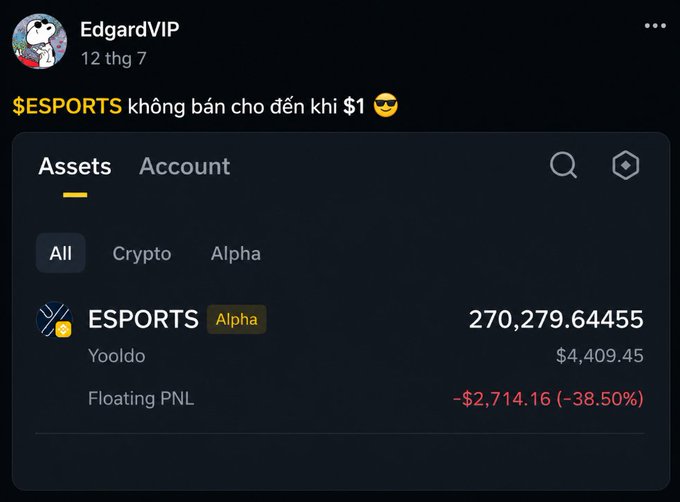 A social media post by 'EdgardVIP' features a screenshot of a crypto portfolio showing 'ESPORTS' (Yooldo) holdings with a floating PNL of -$2,714.16 (-38.50%).