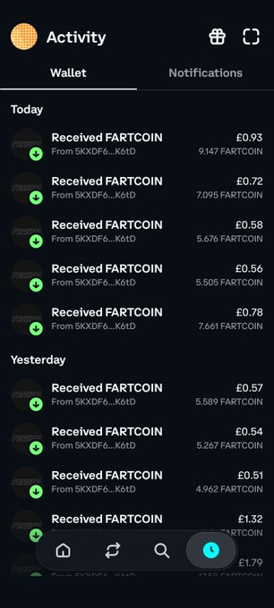 A mobile app screen displays an activity log of received FARTCOIN transactions from various wallets like 5KXDF6...K6tD, with values in pounds.