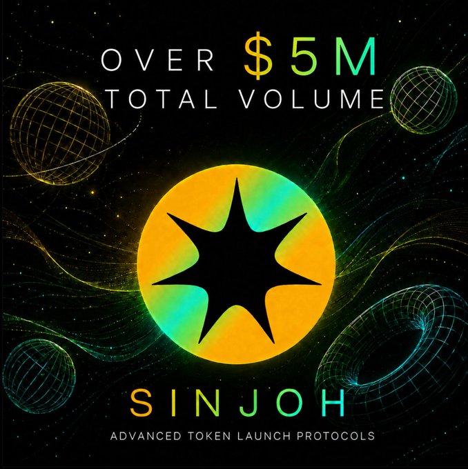 A promotional graphic for 'SINJOH - ADVANCED TOKEN LAUNCH PROTOCOLS' announcing 'OVER $5M TOTAL VOLUME', featuring a black star logo on a glowing yellow-orange circle against a space-themed background with wireframe planets.