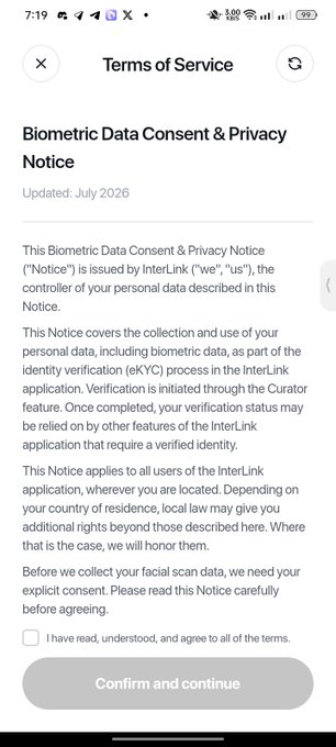 A mobile screenshot displays the "Terms of Service" for the InterLink app, specifically showing a "Biometric Data Consent & Privacy Notice" updated in July 2026 that warns users their facial scan data will be collected for eKYC verification and may be shared with other features, requiring agreement before proceeding. This directly relates to the post's reminder to update the InterLink app and carefully review its Terms and Conditions before consenting, which is a necessary step to advance through the KYC verification levels.