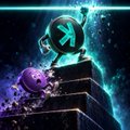 Small dark image showing a glowing teal skull emblem with a cross symbol on a pedestal against a cosmic background.