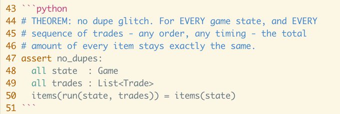 The image shows a Python code block containing a formal theorem assertion with comments explaining it proves that item duplication is impossible in Bend2's game state system. The code declares variables "no_dupes," "state," and "trades," stating that for every game state and sequence of trades, the total items remain unchanged, directly addressing Vitalik's call for simple, human-readable proofs.