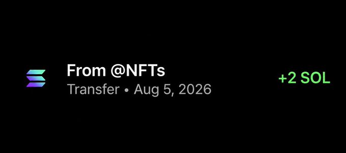 The image shows a Solana transaction receipt displaying "From @NFTs" with a "+2 SOL" transfer dated August 5, 2026, on a dark background with a colorful logo. It appears to illustrate the receipt of 2 SOL into a wallet, tying into the post's theme of accumulating 50 SOL across multiple wallets.