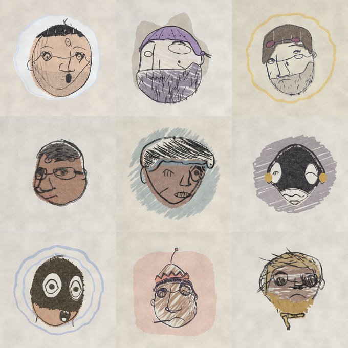 A collection of nine crudely drawn, humorous character portraits arranged in a 3x3 grid, resembling a hand-drawn version of the 'Brawl Stars' game characters.
