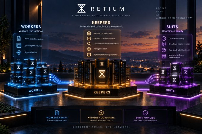 A promotional infographic for 'RETIUM - A DIFFERENT BLOCKCHAIN FOUNDATION' detailing three network roles: Workers (validate transactions), Keepers (maintain full mesh state and coordinate the network), and Suits (coordinate finality), displayed on glowing platforms at sunset with the tagline 'DIFFERENT ROLES. ONE NETWORK.'
