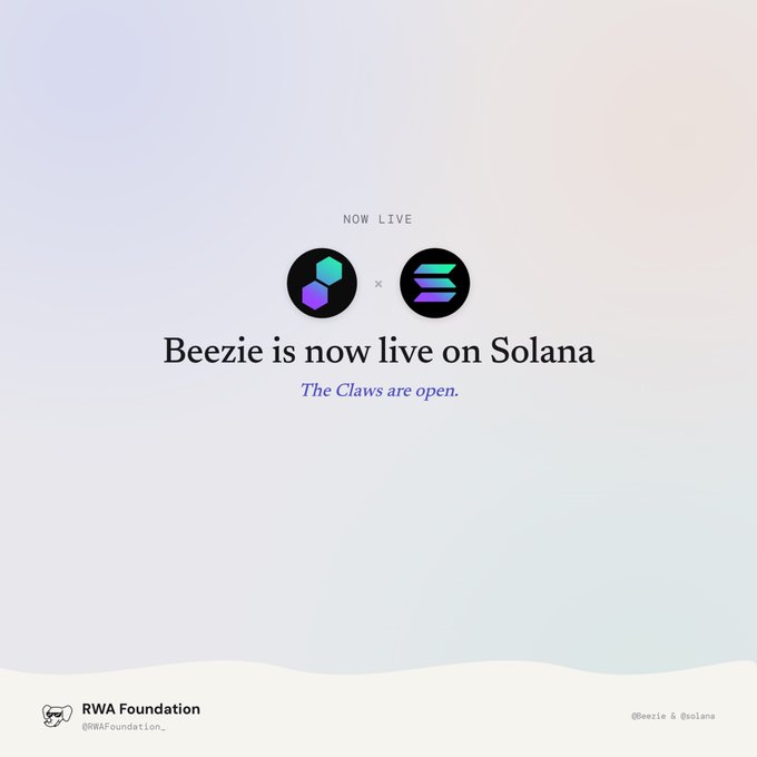 An announcement graphic reading 'NOW LIVE' with 'Beezie is now live on Solana' and the tagline 'The Claws are open,' credited to RWA Foundation (@RWAFoundation_).
