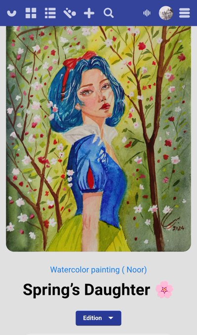 A mobile app screenshot displaying a watercolor painting titled 'Spring's Daughter' by Noor, depicting a blue-haired girl with a red bow standing among flowering branches.