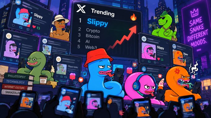 A colorful, cartoonish X (Twitter) trending page mockup with 'Slippy' at the top, followed by Crypto, Bitcoin, AI, and Web3, surrounded by meme characters and phones.