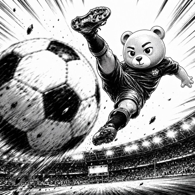 A black and white manga-style illustration of an anthropomorphic bear character performing a bicycle kick with a soccer ball in a stadium.