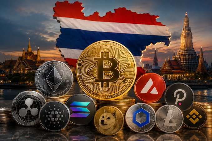 A composite image showing various physical cryptocurrency coins (Bitcoin, Ethereum, Dogecoin, Solana, etc.) arranged in front of a Thailand flag and temple silhouettes at sunset.