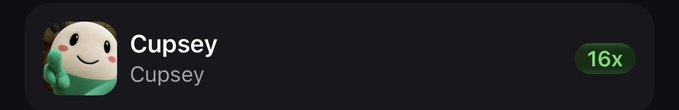 The image shows a Discord/user profile for "Cupsey" with a green "16x" multiplier badge on the right. The 16x indicator likely highlights a significant return on investment, supporting the post's message about the user calling out gains on Pumpfun and deserving more recognition for their early call.