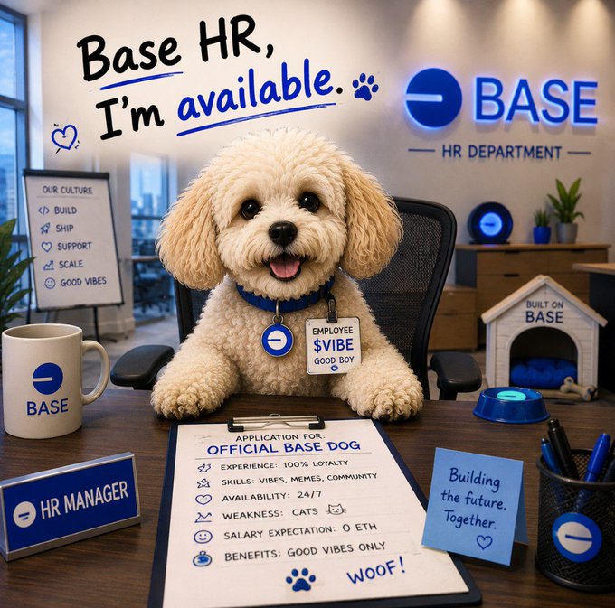 An AI-generated image of a cute fluffy dog sitting at a desk in a BASE HR Department office, with a placard reading 'Base HR, I'm available' and an 'Application For Official Base Dog' listing experience of '100% loyalty'.
