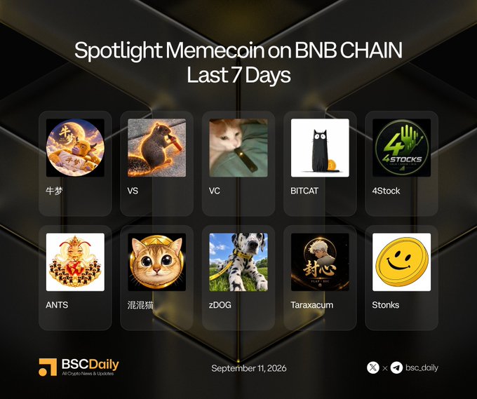 A 'Spotlight Memecoin on BNB CHAIN Last 7 Days' graphic from BSCDaily dated September 11, 2026, displaying 10 featured memecoins including 牛梦, VS, VC, BITCAT, 4Stock, ANTS, 混混狐, zDOG, Taraxacum, and Stonks.