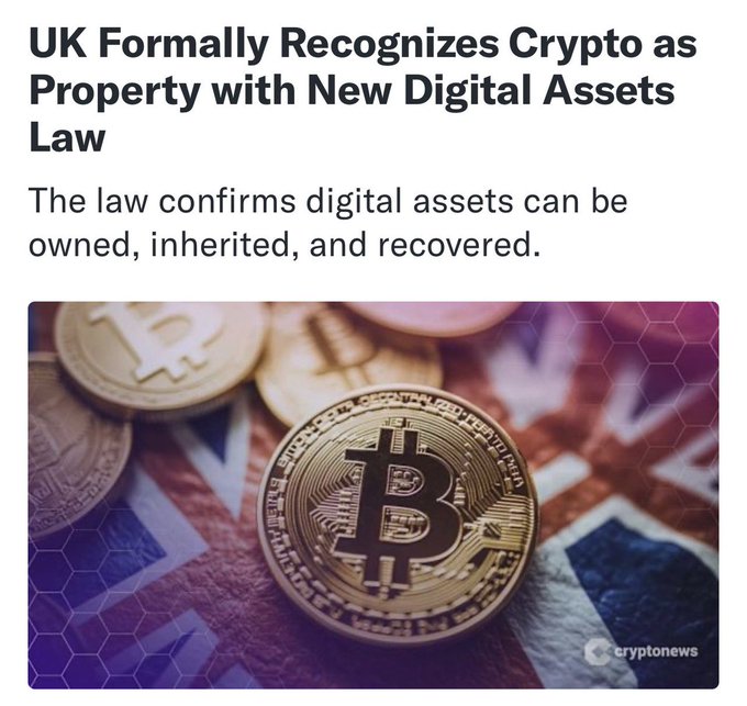 A news graphic from CryptoNews announces "UK Formally Recognizes Crypto as Property with New Digital Assets Law," explaining that the law confirms digital assets can be owned, inherited, and recovered. The accompanying image shows golden Bitcoin tokens resting on a UK Union Jack flag, visually reinforcing the post's headline that the UK has officially classified Bitcoin, stablecoins, and crypto as property.