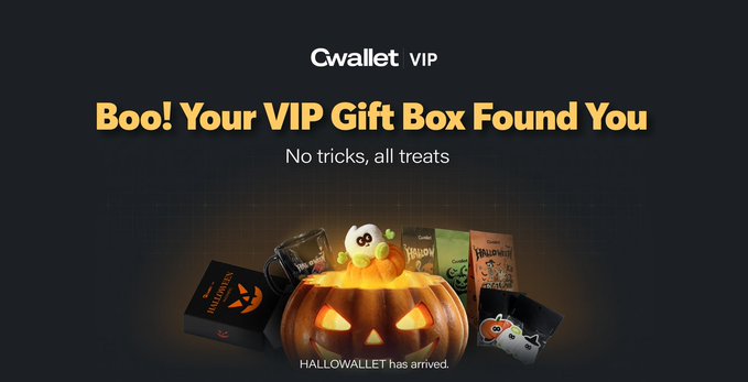 A promotional graphic for 'Cwallet VIP' with the headline 'Boo! Your VIP Gift Box Found You' and tagline 'No tricks, all treats,' featuring Halloween-themed items around a glowing jack-o'-lantern with the note 'HALLOWALLET has arrived.'
