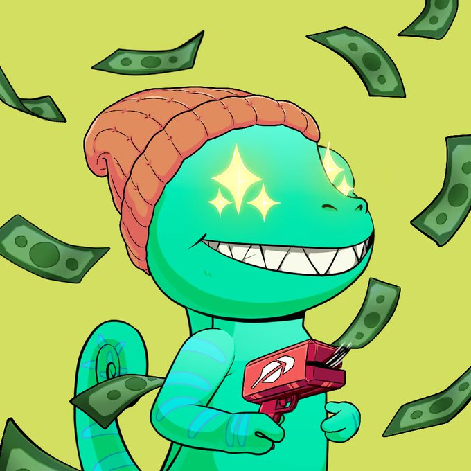 A cartoon chameleon with a smug grin and starry eyes holds a red money gun blasting cash, surrounded by flying dollar bills against a bright yellow-green background, playfully illustrating the meme "Yes very cute."