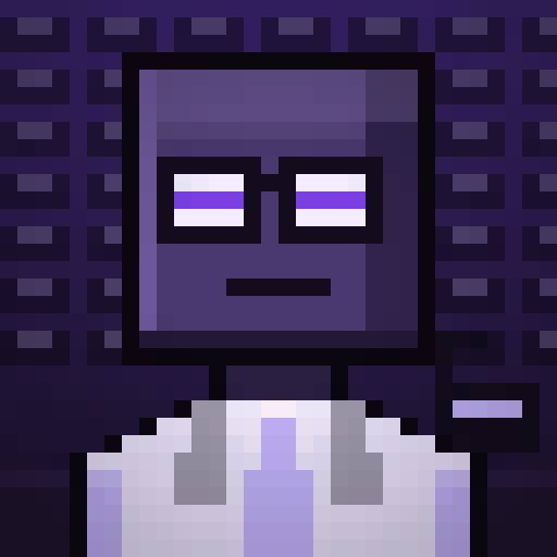 A pixel art character with purple skin, square glasses, and a white lab coat set against a dark purple brick-patterned background.