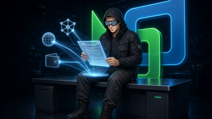 Digital art depicting a hooded figure with sunglasses using a holographic tablet with floating icons, set against a dark background with green and blue neon logos.