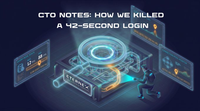 A tech-themed graphic with the text 'CTO NOTES: HOW WE KILLED A 42-SECOND LOGIN' featuring a stylized isometric illustration of a person working on a futuristic machine labeled 'ETERNEX' with holographic data displays.