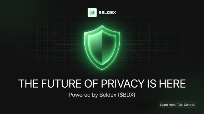 A promotional graphic for Beldex ($BDX) featuring a glowing green shield logo on a dark background with the text 'THE FUTURE OF PRIVACY IS HERE' and 'Powered by Beldex ($BDX).'