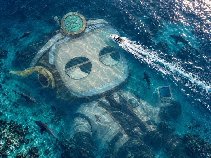A surreal digital artwork showing a diver in a vintage-style diving suit lying underwater among fish and sharks, with a tiny boat sailing across the surface of the diver's helmet's eyes.