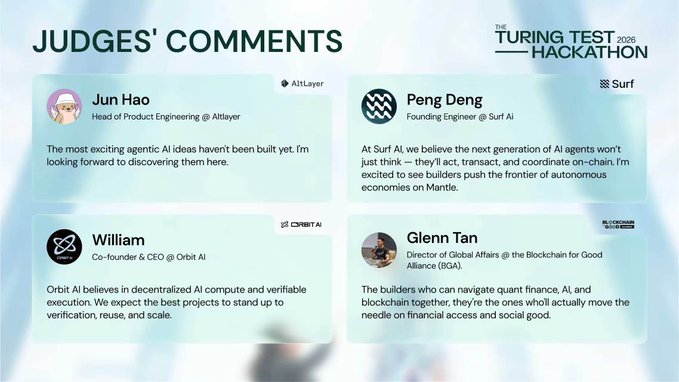 A slide titled "JUDGES' COMMENTS" from The Turing Test Hackathon 2025 featuring quotes from four judges: Jun Hao (AltLayer), Peng Deng (Surf AI), William (Orbit AI), and Glenn Tan (Blockchain for Good Alliance BGA), each expressing enthusiasm for agentic AI, decentralized compute, and onchain innovation—reinforcing the post's emphasis on verifiable, scalable, and accessible AI-blockchain systems.