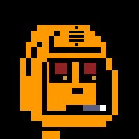 A pixel art illustration of an orange robot head with red eyes and what appears to be a cigarette in its mouth against a black background.