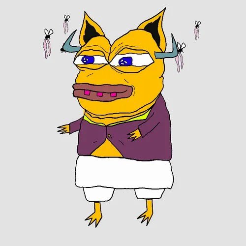 A crudely drawn cartoon figure features a yellow horned creature head with blue horns on a human body wearing a purple jacket and white shorts, surrounded by small flying insect-like figures.