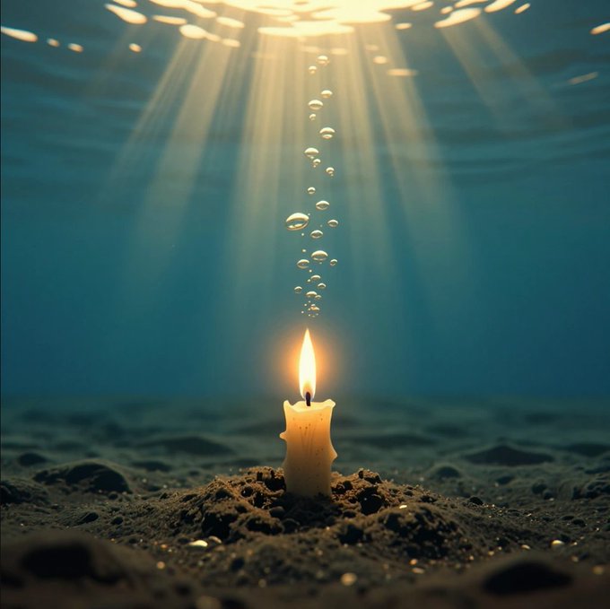 An underwater scene featuring a lit candle sitting on sandy ground, with bubbles rising to the surface where light rays pierce through.