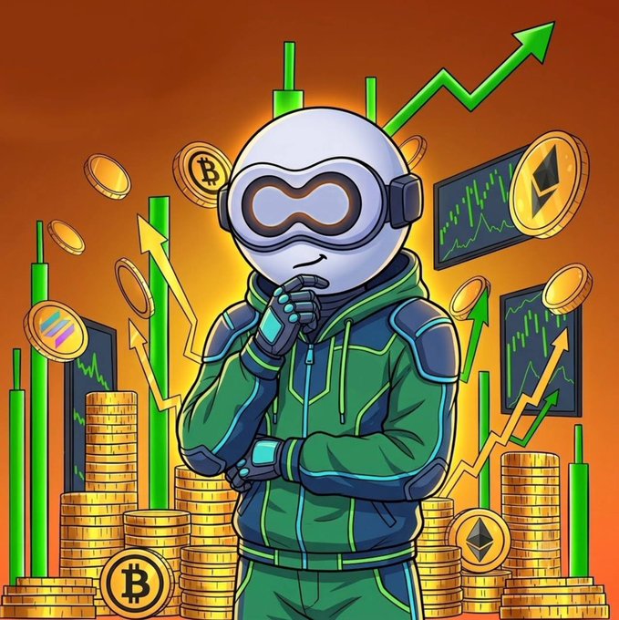 A cartoon-style illustration of a character in futuristic gear and a VR headset surrounded by rising crypto charts, green upward arrows, and coins including Bitcoin and Ethereum.
