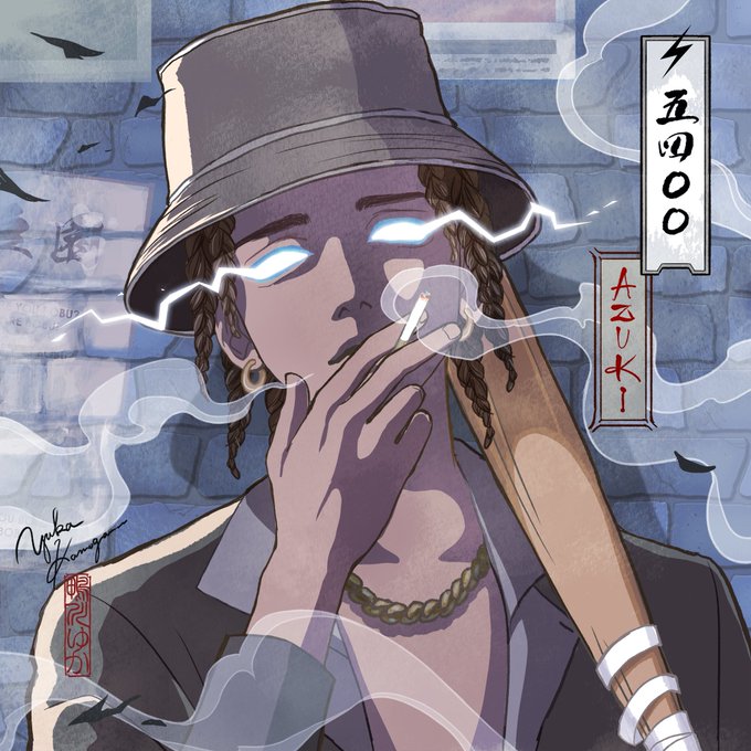 An anime-style illustration of a character wearing a bucket hat and gold chain, smoking a joint with glowing white eyes; the text '500 AZUKI' appears in a red sign alongside Japanese characters.