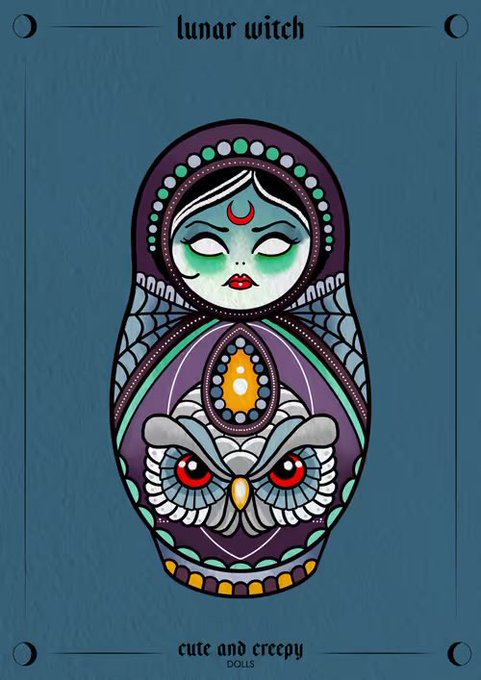 An illustration titled "Lunar Witch" depicting a stylized matryoshka-style doll with purple coloring, an owl design on the body, and "Cute and Creepy Dolls" text below.